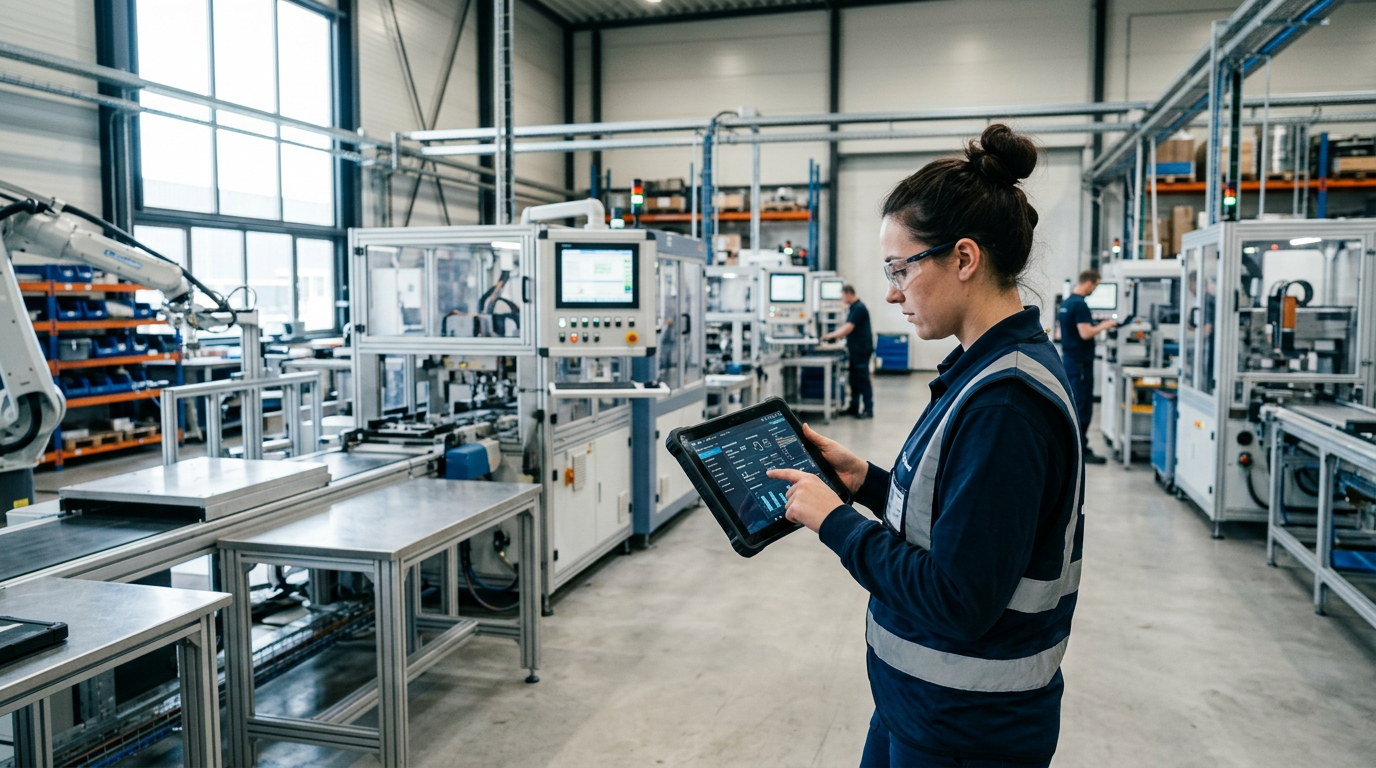 Een medewerker in een moderne fabriekshal bekijkt data op een tablet, met machines op de achtergrond die data genereren voor AI-analyse.