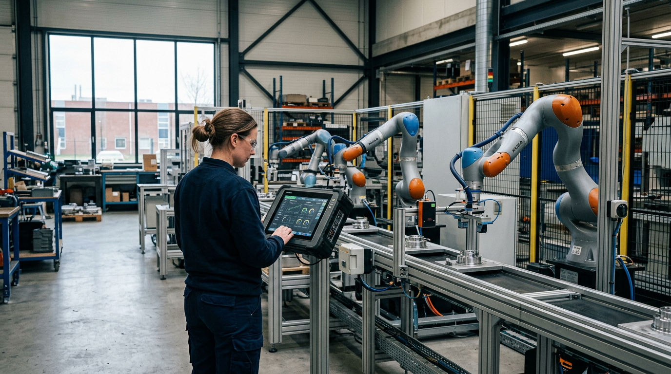 Robotarmen voeren kwaliteitscontroles uit in een fabriek, met een technicus die een dashboard monitort.