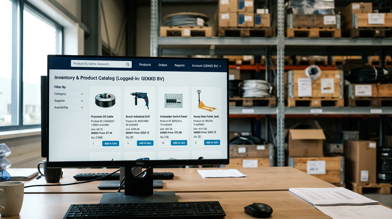 Een modern B2B webshop scherm met klantspecifieke prijzen en productlijsten, op de achtergrond een magazijn met voorraad.