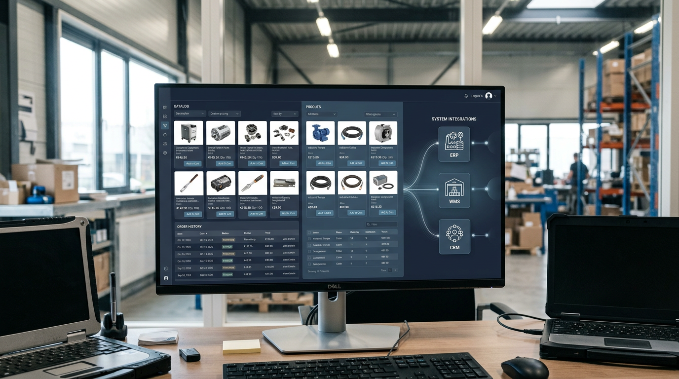 Schermweergave van een B2B webshop met klant-specifieke prijzen, een orderhistorie en iconen die integratie met ERP en WMS symboliseren