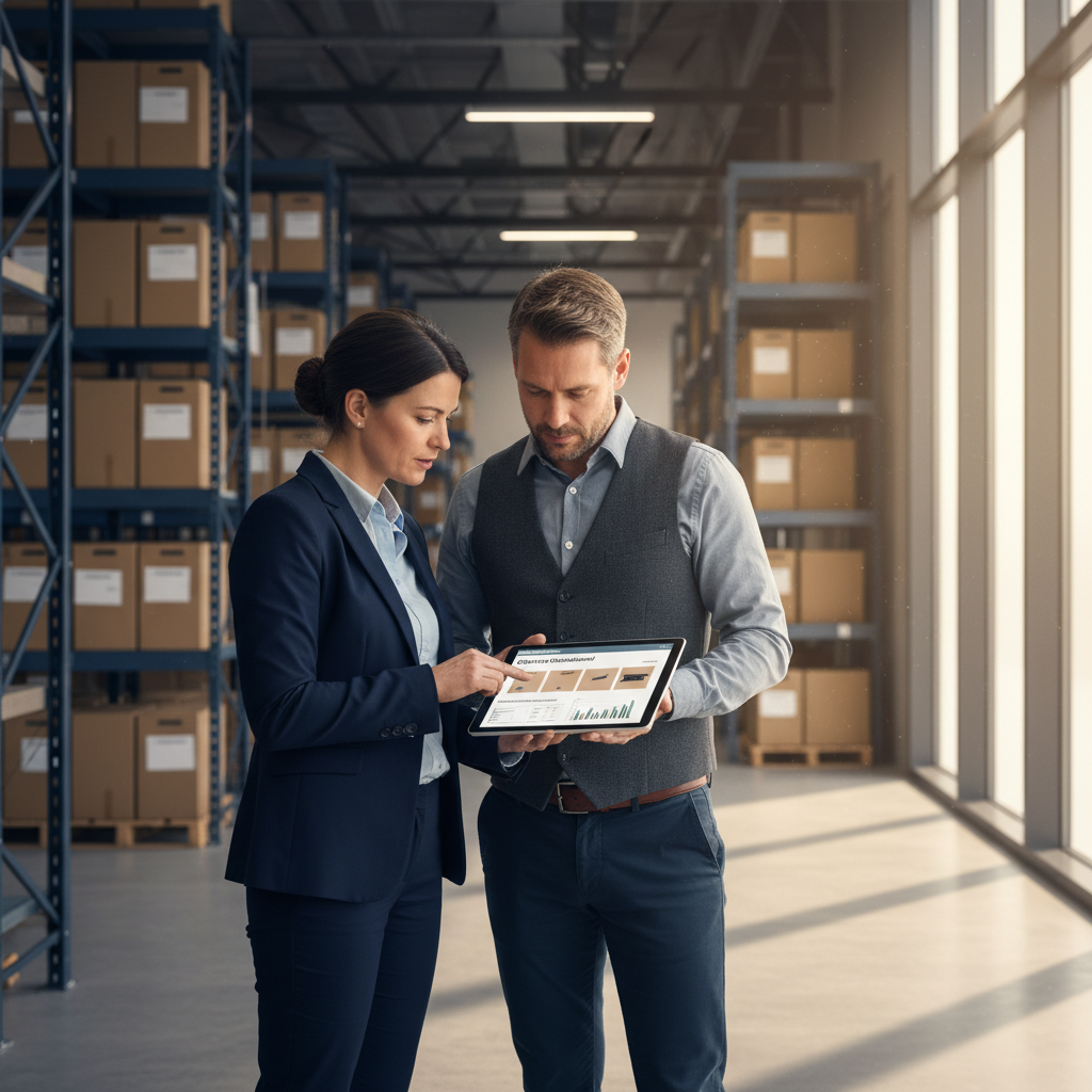 Twee personen bespreken een B2B webshop op een tablet in een modern kantoor of magazijn, met productrekken op de achtergrond.