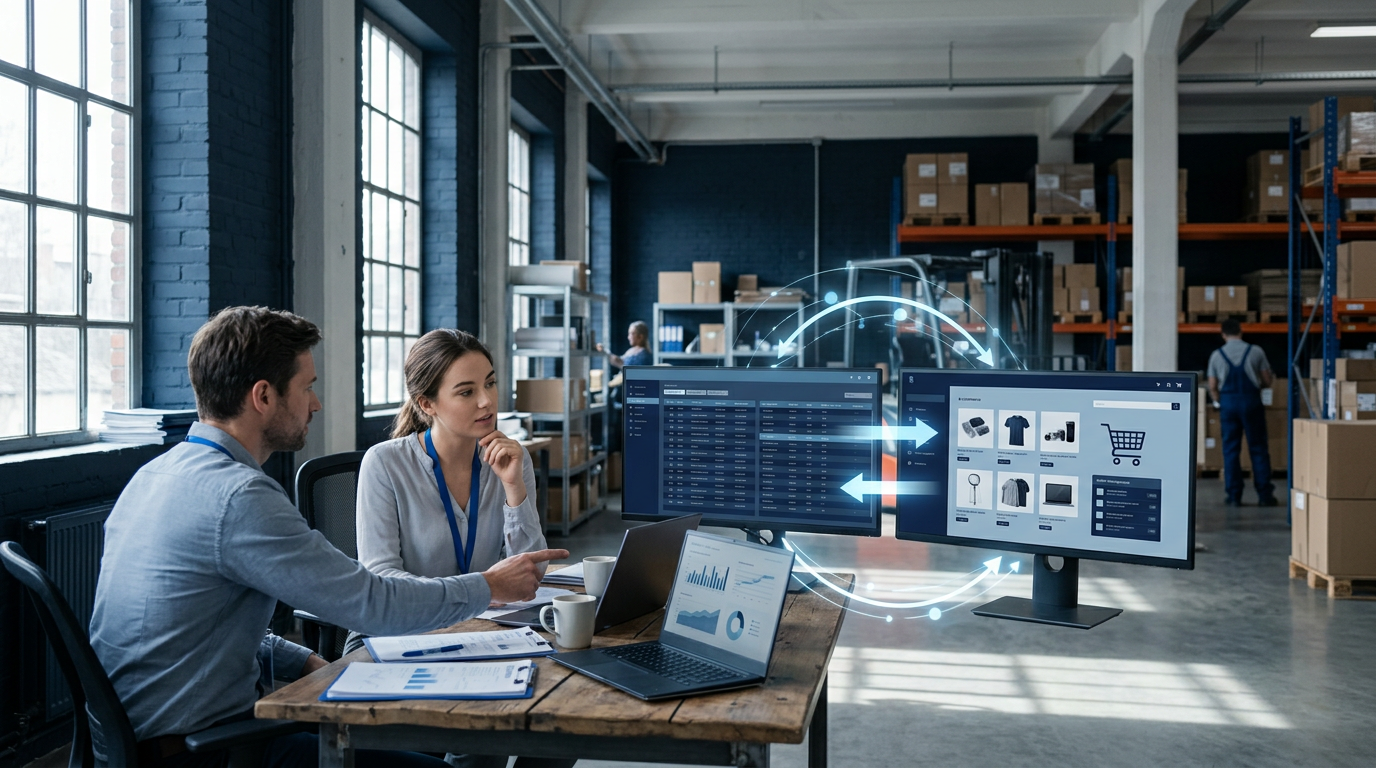 Digitale illustratie van data die stroomt tussen een ERP-systeemicoon en een webshopicoon, symboliserend de automatisering van gegevensuitwisseling.