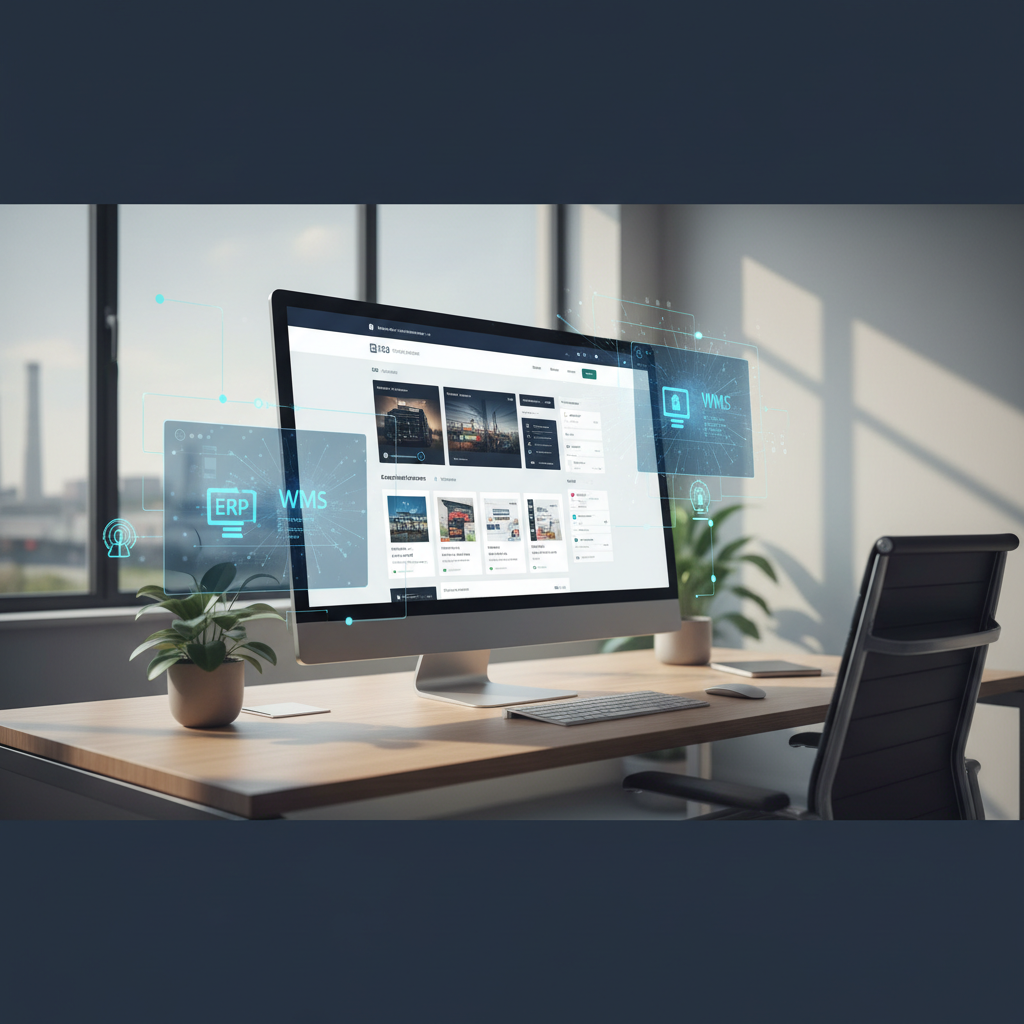 Illustratie van een Shopify B2B-webshop die gekoppeld is aan andere bedrijfssystemen zoals ERP en WMS, met pijlen die datastromen aangeven.