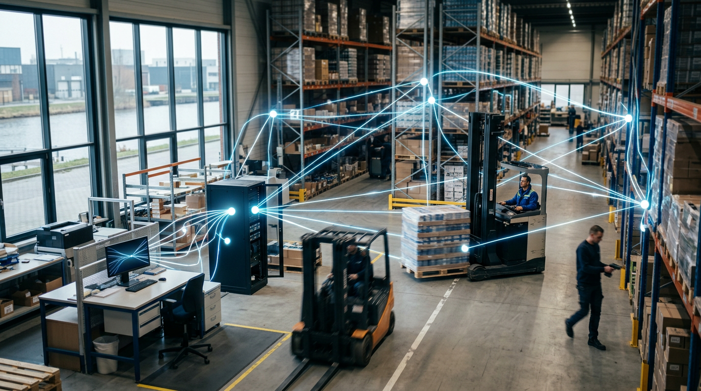Een netwerk van digitale verbindingen die data uitwisselen tussen Exact en andere bedrijfssystemen zoals ERP, WMS en CRM. De lijnen lichten op en de achtergrond toont een moderne fabriekshal, wat efficiënte processen en automatisering symboliseert.