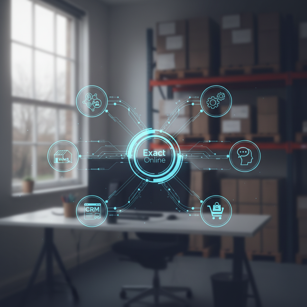 Digitale illustratie van verschillende bedrijfssoftware iconen (ERP, WMS, CRM, Shopify) verbonden door datastromen, gecentreerd rond het Exact Online logo, wat naadloze gegevensuitwisseling en automatisering voor een productie- of groothandelsbedrijf weergeeft.