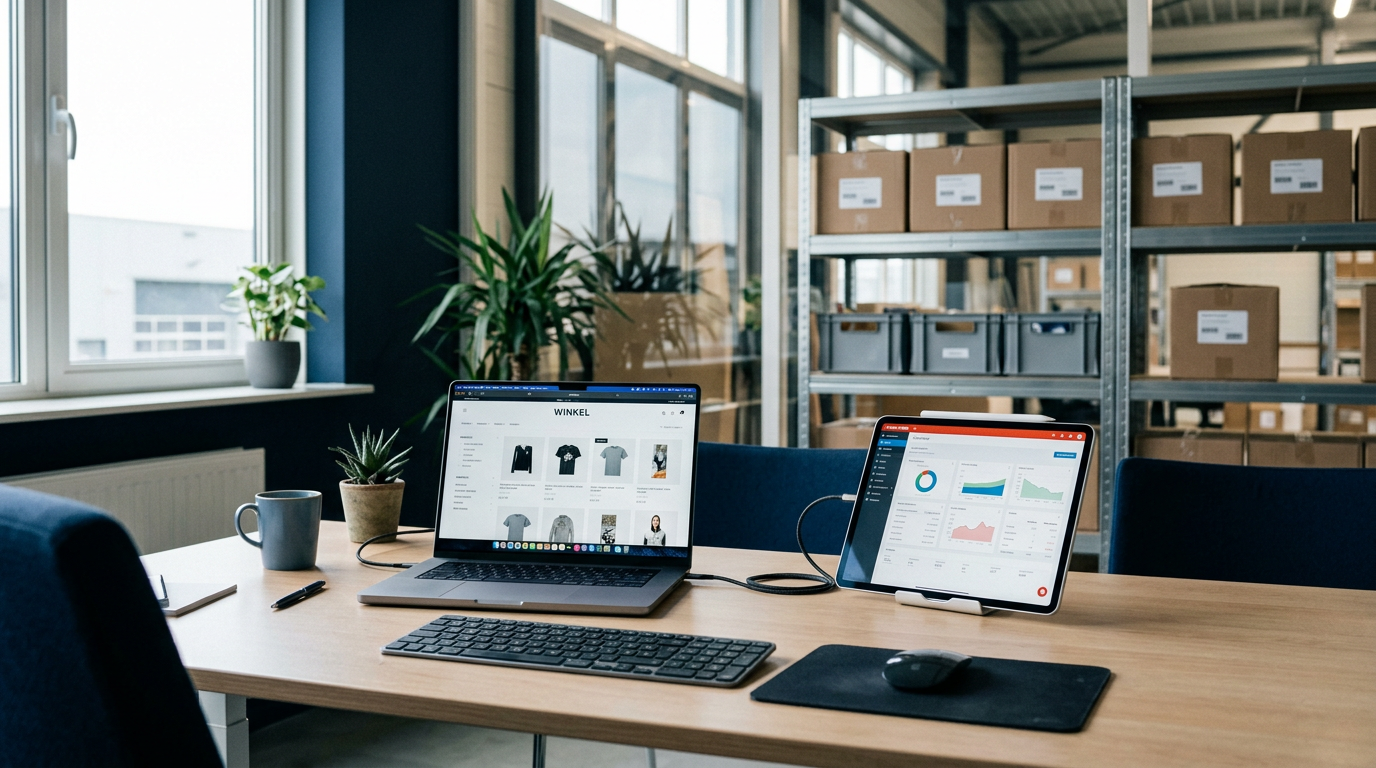Een kantoorwerkplek met een laptop die een webshop toont en een tablet met Exact Online, subtiel verbonden door draden, met op de achtergrond een georganiseerd magazijn.