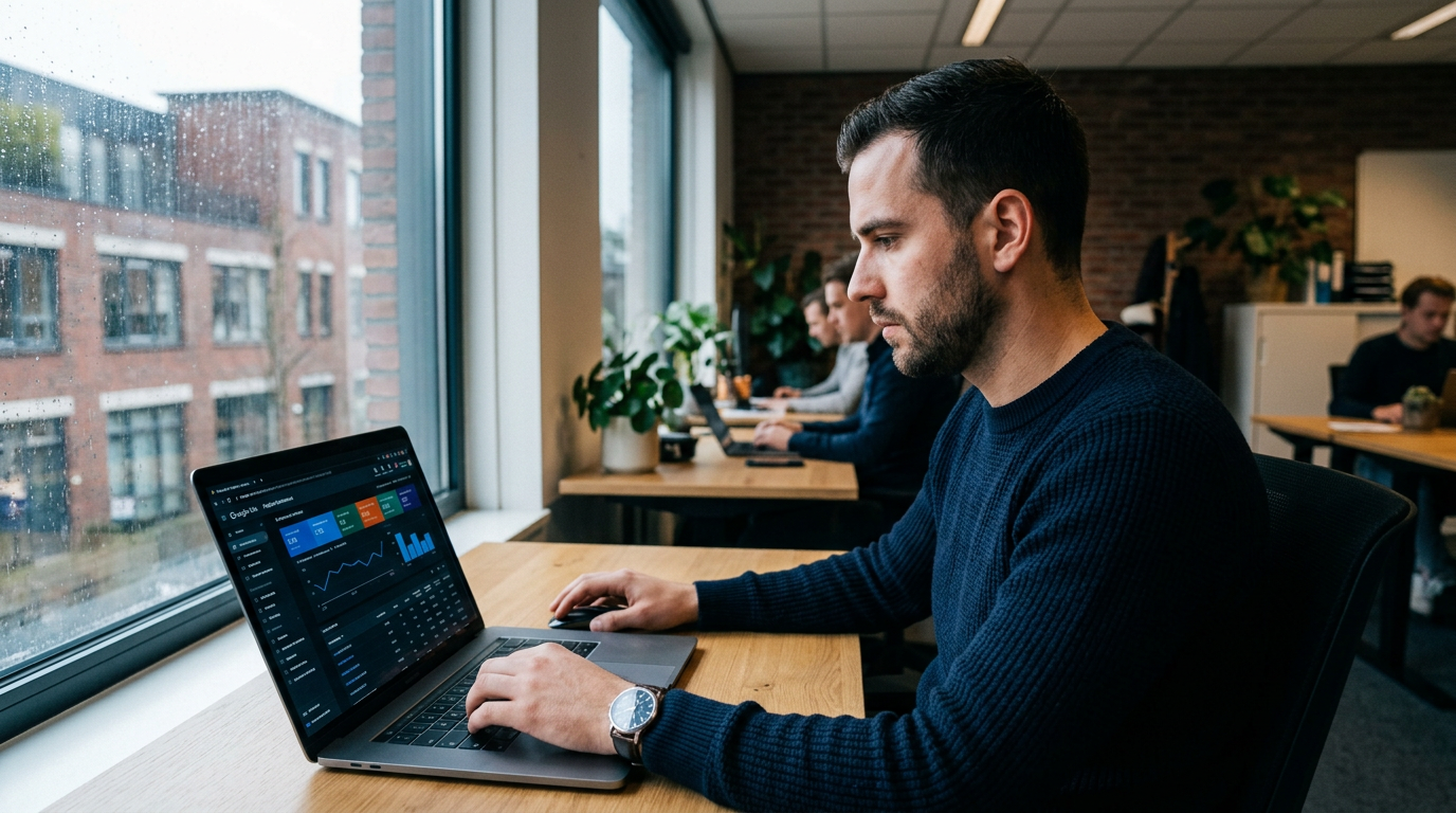 Iemand analyseert Google Ads campagnegegevens op een laptop, met grafieken en statistieken, in een professionele kantooromgeving.