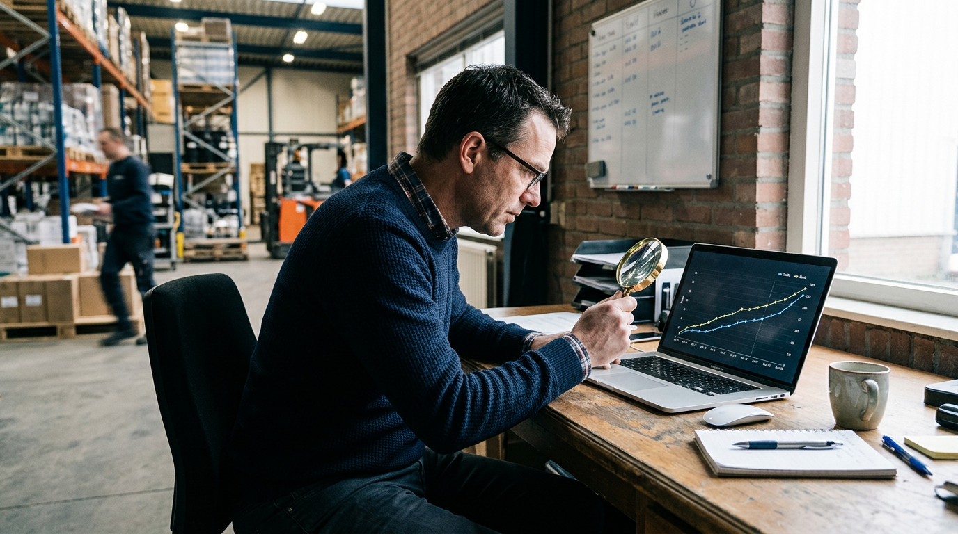 Een persoon die met een vergrootglas naar een laptopscherm kijkt met grafieken die stijgend websiteverkeer en zoekmachineposities weergeven, met op de achtergrond een magazijn.