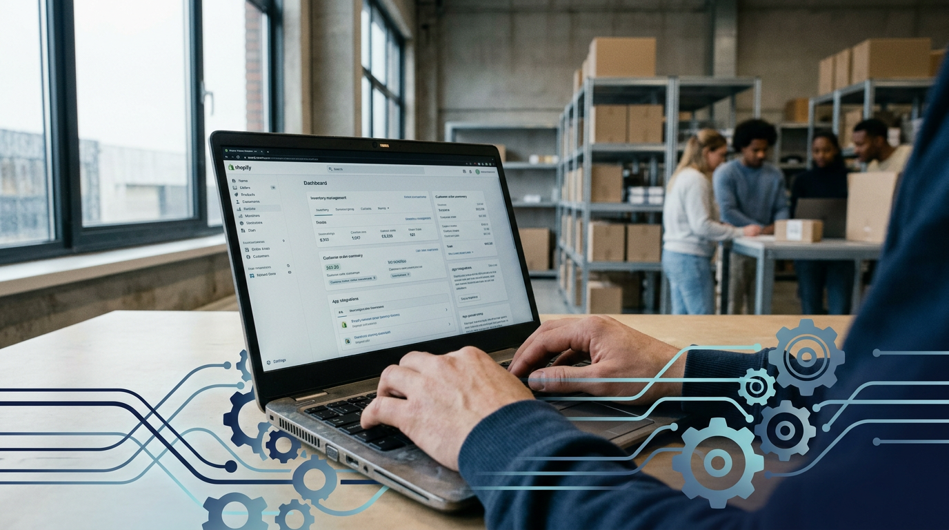 Iemand typt op een laptop met een Shopify scherm. Rondom zijn abstracte tandwielen en datastromen te zien, wat maatwerk en integratie voor B2B e-commerce symboliseert.