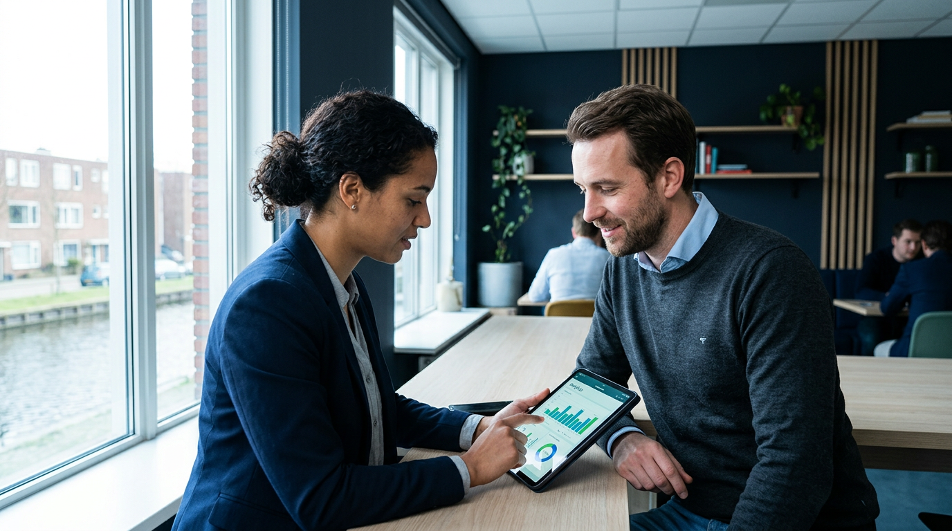 Twee mensen bekijken een Shopify dashboard op een tablet en bespreken de online strategie voor een bedrijf.