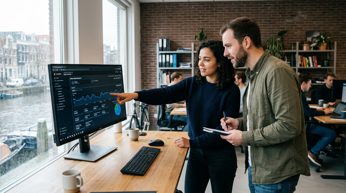 Twee oprichters bespreken SEO-data en website analytics op een computerscherm in een moderne kantooromgeving.