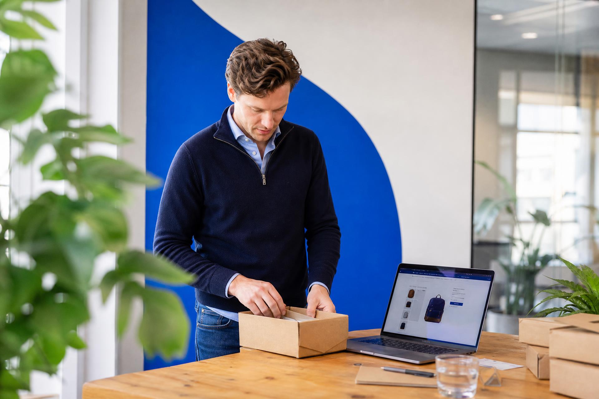 Orderverwerking bij een webshop, met de productpagina op de laptop ernaast